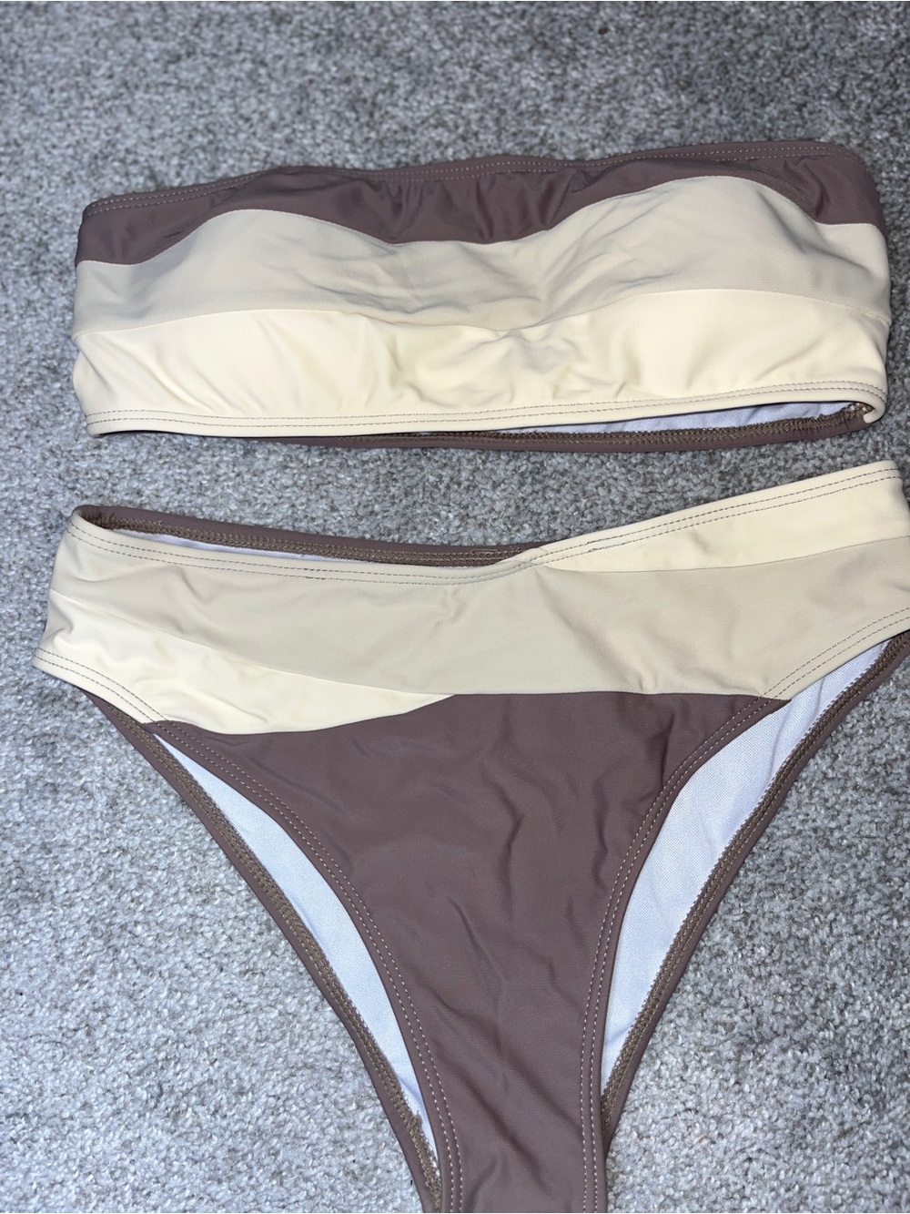 SHEIN Two-Tone Strapless Bikini Set in Cream & Brown